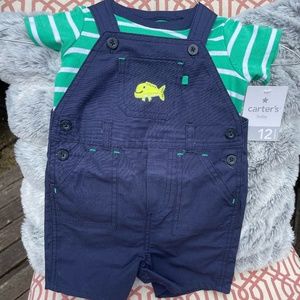 Carter's Baby Navy Shorts Overalls w/ Green & White Stripe shirt 12 mos NWT